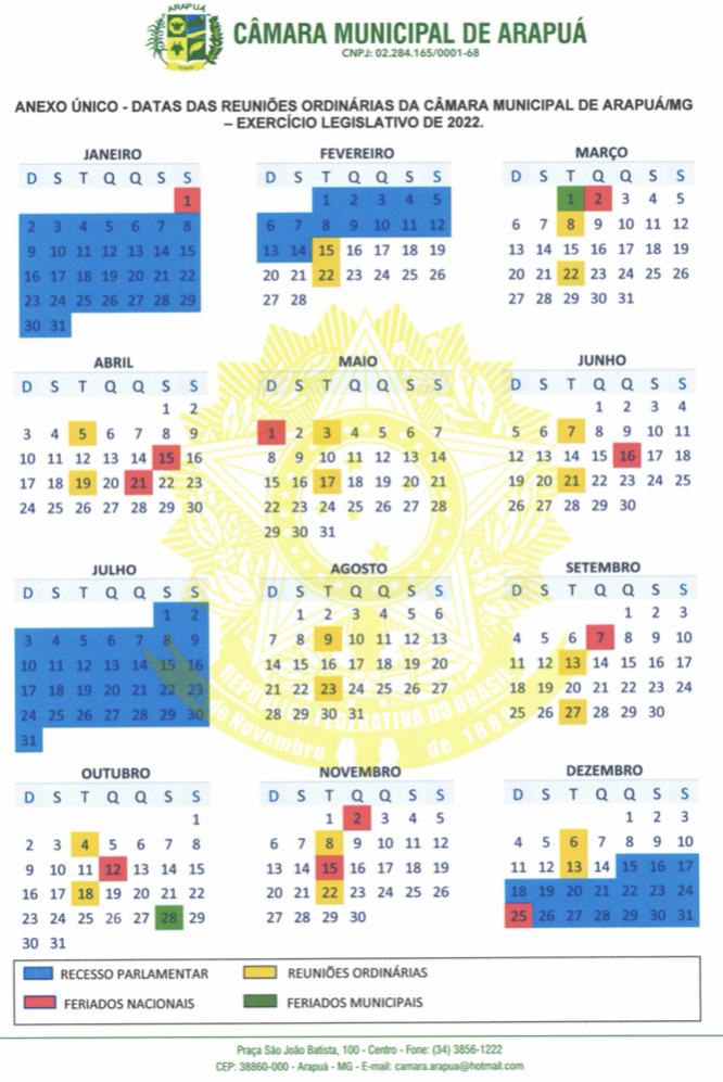 CALENDÁRIO DAS REUNIÕES ORDINÁRIAS 2022